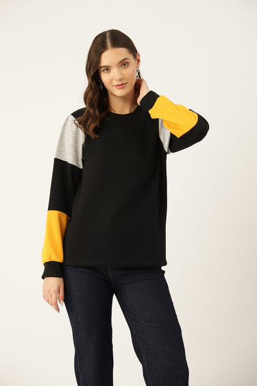 Women Black Colourblocked Pullover Sweatshirt - RueCollections